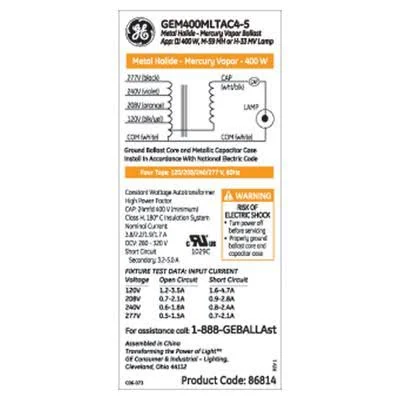 GE 72149 - GEM400MLTAA4-5 Metal Halide Ballast Kit
